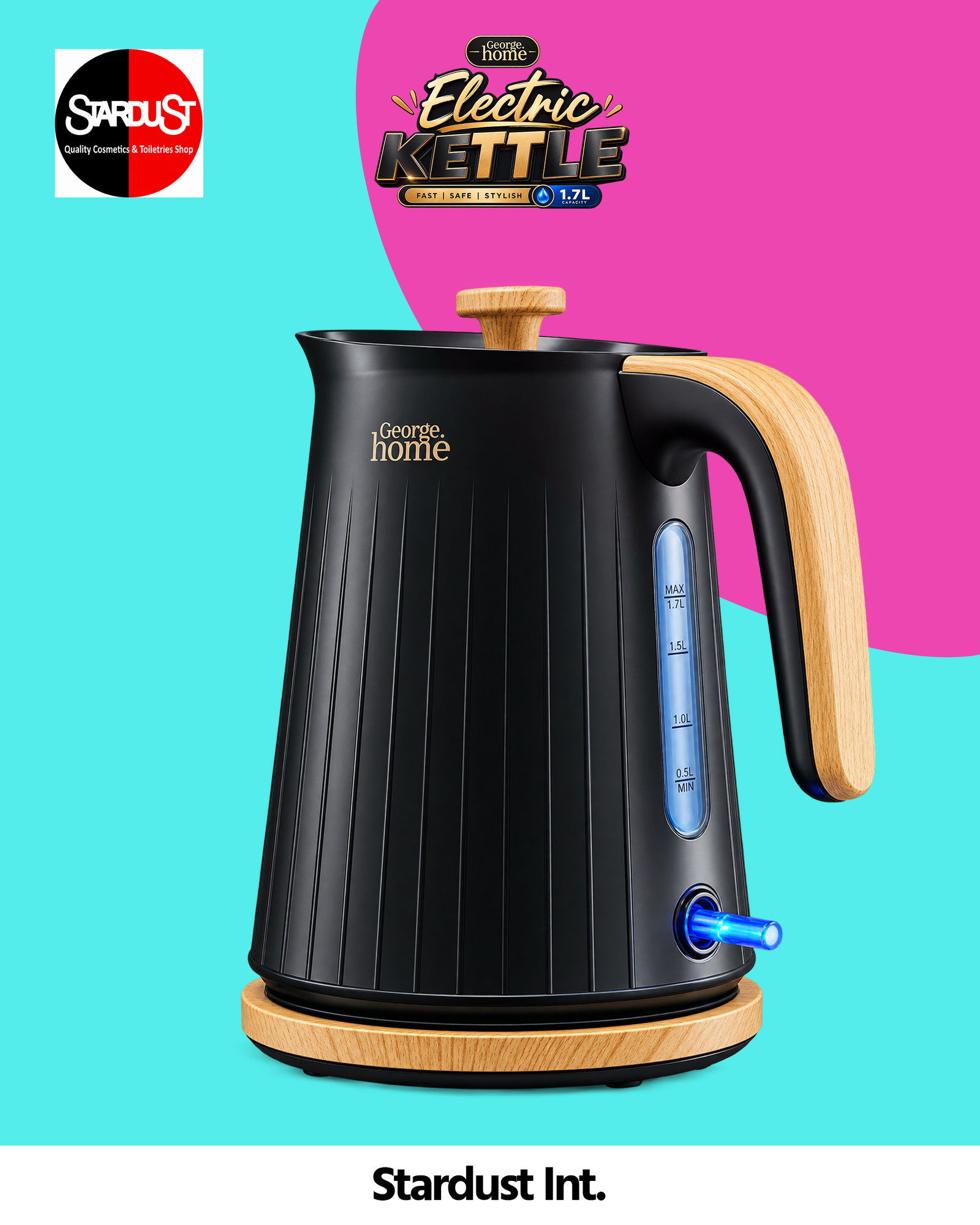 George Home Black Wood Textured Scandi Fast Boil Electric Kettle 1.7L