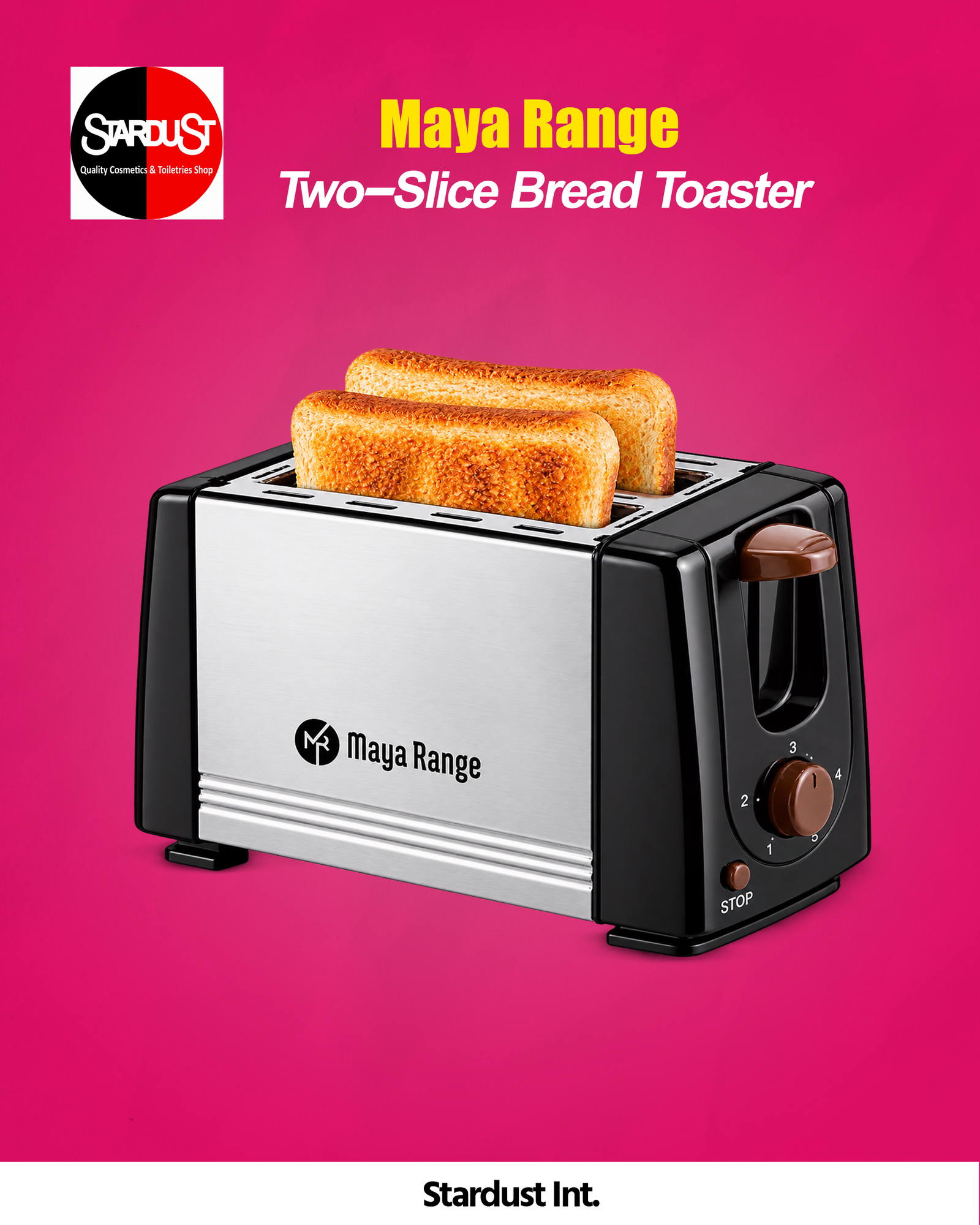 Maya Range Two-Slice Bread Toaster with a stainless steel and black finish